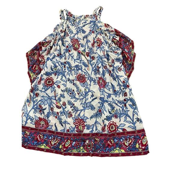 Point Sur Women's Red Blue Floral Print Ruffle Block Print Blouse Top Size 12 - Picture 3 of 15
